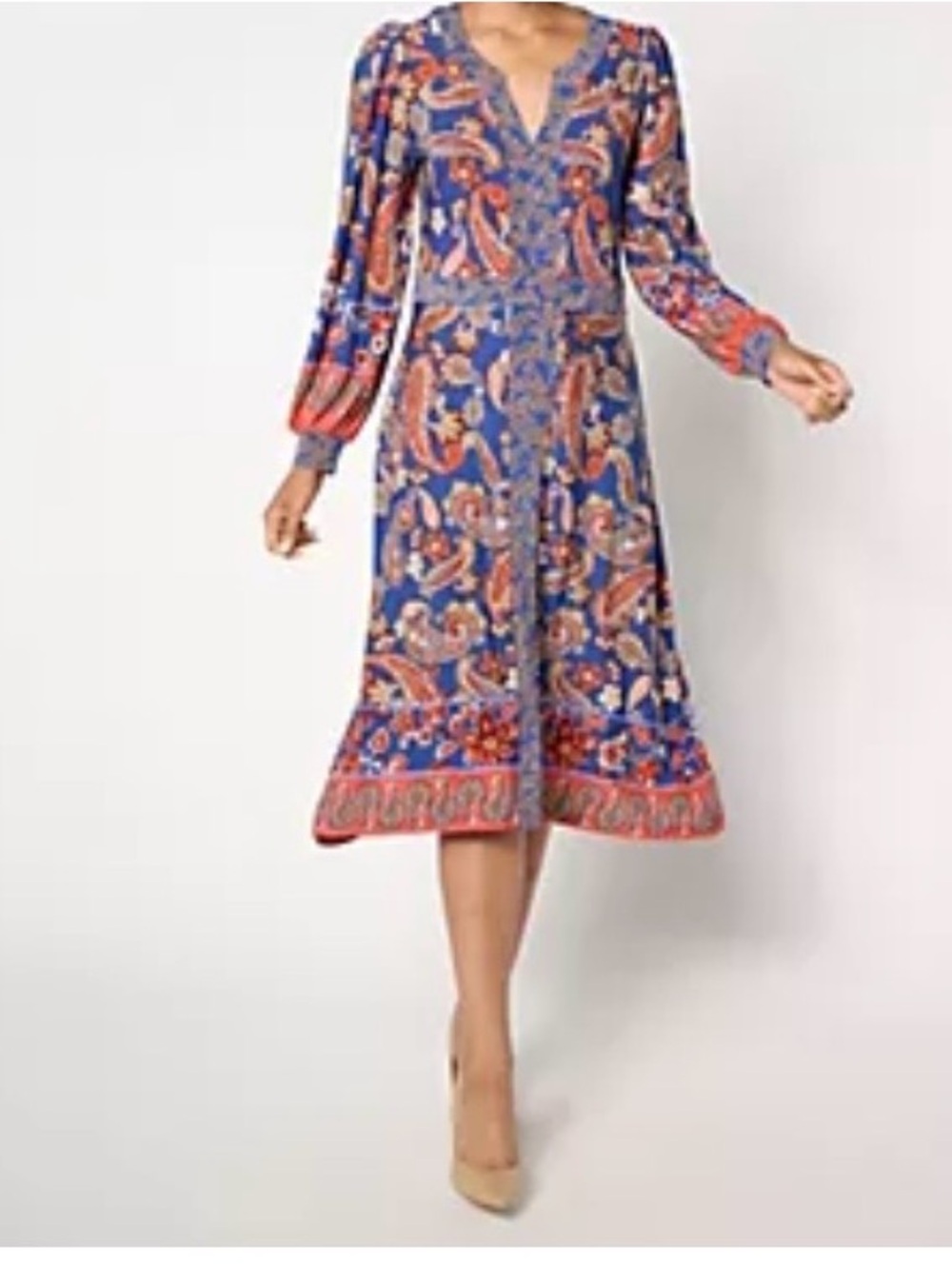 Susan Graver Blue and Coral Paisley Long Sleeve Midi Dress XL